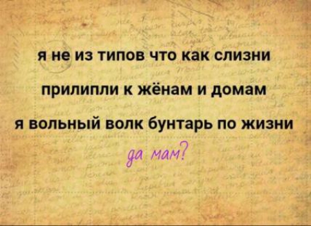 Я В ИЗ ТИПОВ ЧТО как СПИЗНИ ПРИЛИПЛИ К ЖЁНЗМ И домам Я ВОПЬНЫЙ ВОЛК бунтарь ПО ЖИЗНИ жи МЛМ