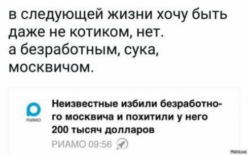 в следующей жизни хочу быть даже не котиком нет а безработным сука москвичом о Неизвестные избили безработно ГБ ИОСКПИЧВ И ПОХИТИЛ у ВГО 200 тысяч долларов 1
