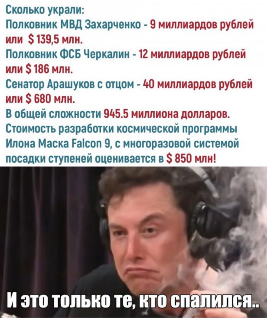 Сколько украли Полковник МВД Захарченко 9 миллиардов рублей или 1395 млн Полковник ФСБ Черкалин 12 миллиардов рублей или 186 млн Сенатор Арашуков с отцом 0 миллиардов рублей или 680 млн В общей сложности 9455 миллиона долларов Стоимость разработки космической программы Илона Маска Расоп 9 с многоразовой системой посадки ступеней оценивается в 850 м лы Л ЗМ э И это только те кто спалился