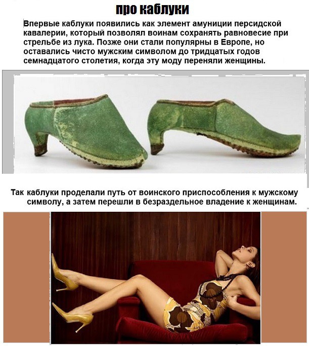 Впервые каблуки появились как элемент амуниции персидской кавалерии который позволял воинам сохрннять рдвновесие при СТРЭПЬЙЕ ИЗ лука Позже 0ИИ СТЁПИ популярны В Европе НО оставались чисто мужским символом до тридцатых годов семнадцатого стопетиж когда эту моду переняли женщины Так каблуки проделали путь от воинского приспособления к мужскому СИМВОЛУ а затем перешли Е безраздельное впадение К ЖЕНЩ