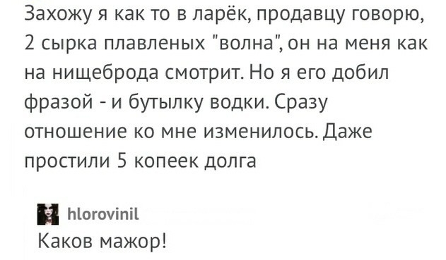 Захожу я как то в парёк продавцу говорю 2 сырка плавленых волна он на меня как на нищеброда смотрит Но я его добил фразой и бутылку водки Сразу отношение ко мне изменилось Даже простили 5 копеек долга и Ыогоуіпіі Каков мажор