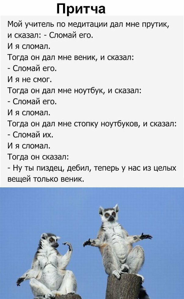 Притча Мой учитель по медитации дал мне прутик и сказал Сломай его И я сломал Тогда он дал мне веник и сказал Сломай его И я не смог Тогда он дал мне ноутбук и сказал Сломай его И я сломал Тогда он дал мне сгопку ноутбуков и сказал Сломай их И я сломал Тогда он сказал Ну ты пиздец дебил теперь у нас из целых вещей только веник