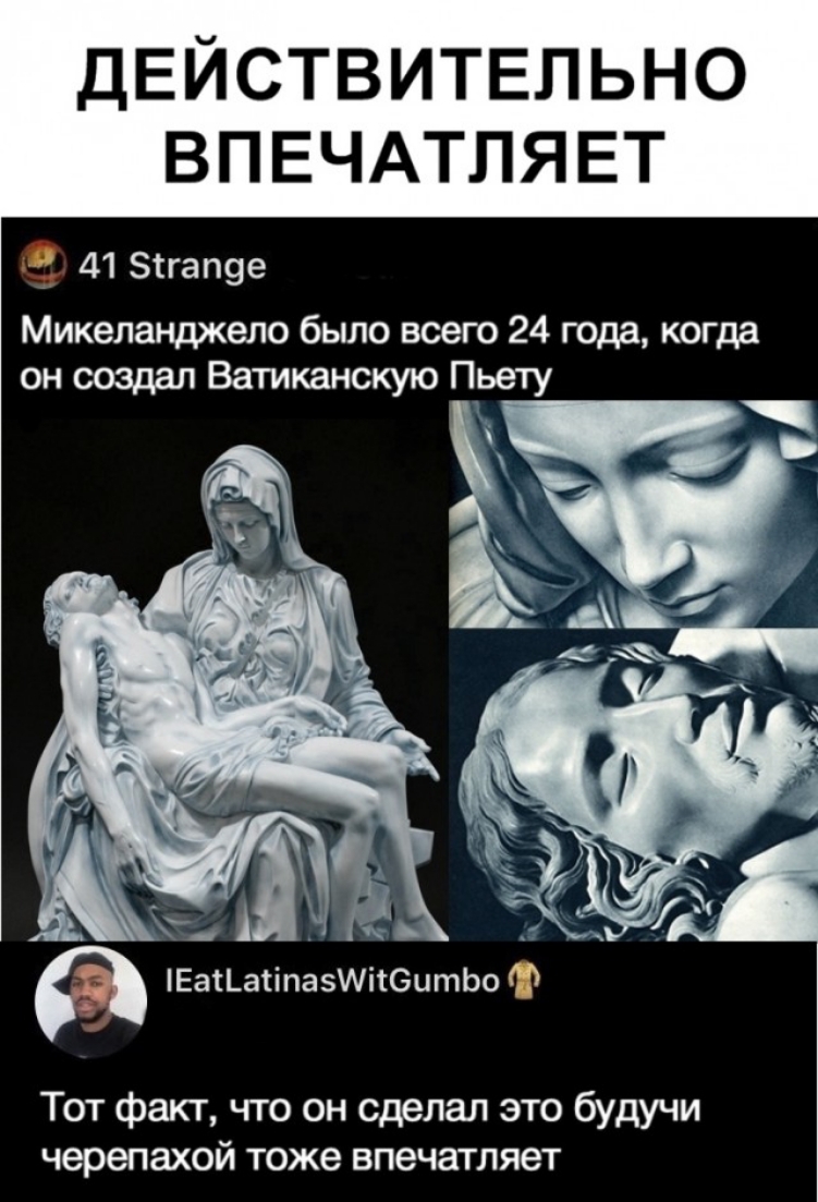 ДЕЙСТВИТЕЛЬНО ВПЕЧАТЛЯЕТ 41 51гапде Микеланджело было всего 24 года когда он создал Ватиканскую Пьету 41 ЕаН аНпазуйСитбЬо Тот факт что он сделал это будучи черепахой тоже впечатляет