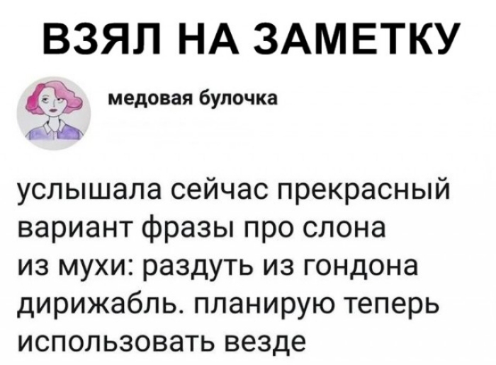 ВЗЯЛ НА ЗАМЕТКУ Ра медовая булочка г бы услышала сейчас прекрасный вариант фразы про слона из мухи раздуть из гондона дирижабль планирую теперь использовать везде
