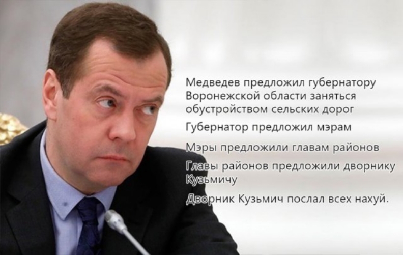 Медведев предложил губернатору Воронежскои области заняться обустроиствоы сельских дорог Губернатор предложил мэрам Мэры предложили главам раионов лавы раионов предложили дворнику Кузьмичу Дворник Кузьмич послал всех нахул