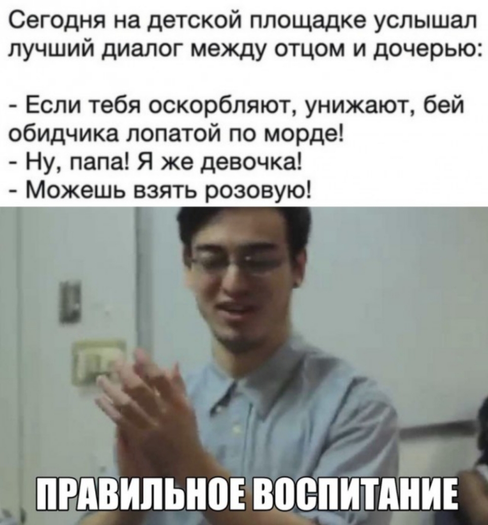 Сегодня на детской площадке услышал лучший диалог между отцом и дочерью Если тебя оскорбляют унижают бей обидчика лопатой по морде Ну папа Я же девочка Можешь взять розовую ПРАВИЛЬНПЕ ВПВПИТАНИЕ