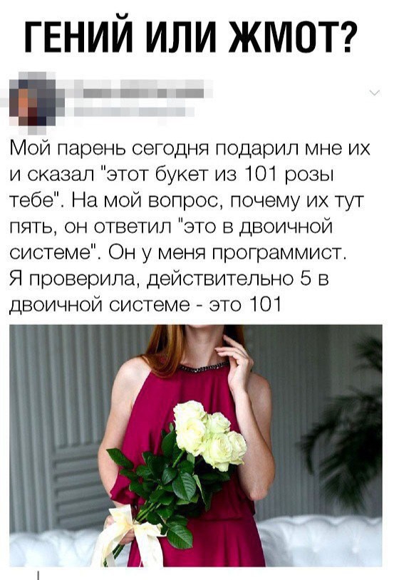 гвний или ЖМОТ Ш _ г _ Мой парень сегодня подарил мне их и оказал этот букет из 101 розы тебе На мой вопрос почему их тут пять он ответил это в двоичной системе Он у меня программист Я проверила действительно 5 в двоичной системе это 101