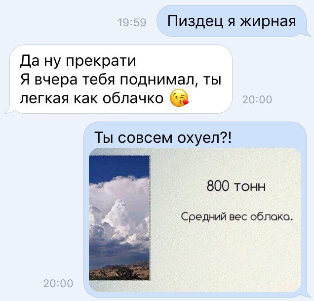 Пиздец я жирная Да ну прекрати Я вчера тебя поднимал ты легкая как облачко 63 Ты совсем охуел 800 тонн Средний вес облока