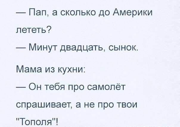 Пап а сколько до Америки лететь МИНУТ двадцать СЫНОК Мама из кухни Он тебя про самолёт спрашивает а не про твои Тополя