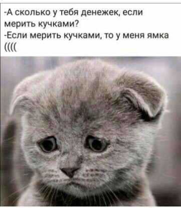 А сколько у тебя денежек если мерить кучками Еспи мерить кучками то у меня ямка БиГ