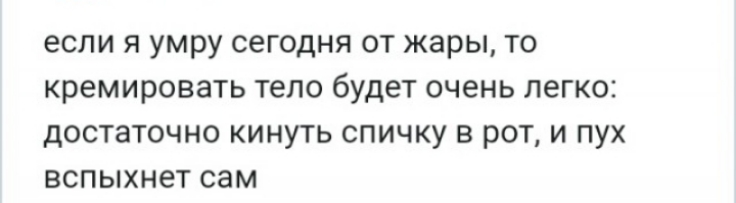 если я умру сегодня от жары то кремировать тело будет очень легко достаточно кинуть спичку в рот и пух вспыхнет сам