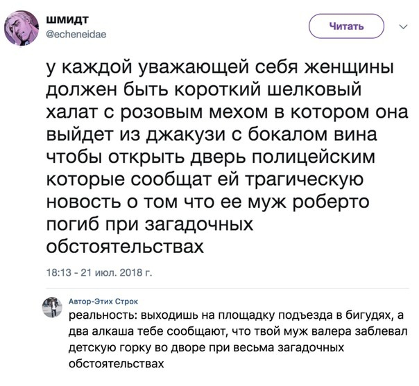 шиидт акты у каждой уважающей себя женщины должен быть короткий шелковый халат розовым мехом в котором она выйдет из джакузи с бокалом вина чтобы открыть дверь полицейским которые сообщат ей трагическую новость о том что ее муж роберто ПОГИб при ЗЕГЗДОЧНЫХ обстоятельствах д е за реальность выходишь на площадку Пидьезда в бигуди а алкаша тебе опиши что твой Муз налива забпенал детскую вп пиаре при 