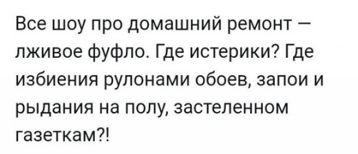 Все шоу про домашний ремонт лживое фуфло Где истерики Где избиения рулонами обоев запои и рыдания на полу застеленном газеткам