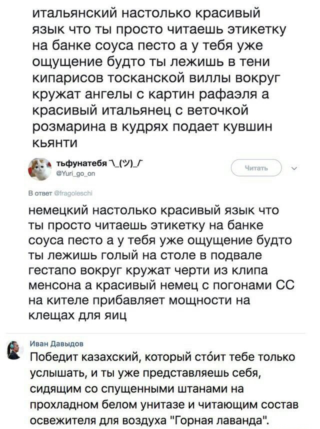 итальянский настолько красивый ЯЗЫК ЧТО ТЫ просто читаешь ЭТИКЕТКУ на банке соуса песто а у тебя уже ощущение будто ты лежишь в тени кипарисов тосканской виллы вокруг кружат ангелы с картин рафазпп а красивый итальянец веточкой розмарина в кудрях подает кувшин кьянти Мумуоби Ци немецкий настолько красивый язык что ты просто читаешь этикетку на банке соуса песто а у тебя уже ощущение будто ты лежиш