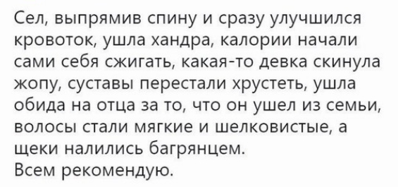 Сел выпрямив спину и сразу улучшился кровоток ушла хандра калории начали сами себя сжигать какая то девка скинула жопу суставы перестали хрустеть ушла обида на отца за то что он ушел из семьи волосы стали мягкие и шелковистые а щеки налились багрянцем Всем рекомендую