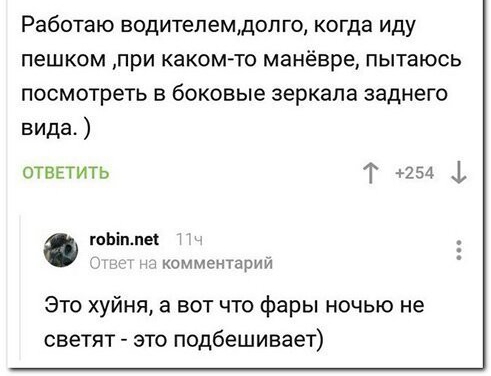 Работаю водителемдолго когда иду пешком при какомто манёвра пытаюсь посмотреть в боковые зеркала заднего вида отвгтить Т 254 1 гоЬіпме икомментариИ Это хуйня а вот что фары ночью не светят это подбешивает
