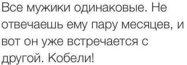 Все мужики одинаковые Не отвечаешь ему пару месяцев и вот он уже встречается с другой Кобели