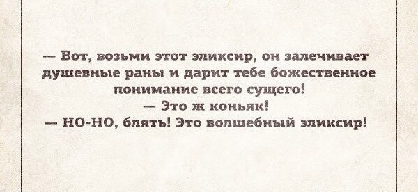 Вот возьми этот эликсир ои залечивает душевные раны и дарит тебе божественное понимание всего сущего Это ж коньяк НО НО блять Это волшебный эликсир
