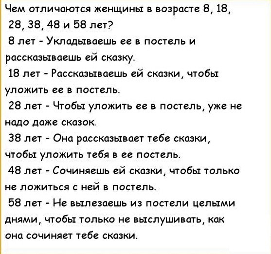 Чем отличаются женщины в возрасте 8 18 28 38 48 и 58 лет 8 лет Укладываешь ее в постель и рассказываешь ей сказку 18 лет Рассказываешь ей сказки чтобы уложить ее в постель 28 лет Чтобы уложить ее в постель уже не надо даже сказок 38 лет Она рассказывает тебе сказки чтобы уложить тебя в ее постель 48 лет Сочиняешь ей сказки чтобы только не ложиться с ней в постель 58 лет Не вылезаешь из постели цел