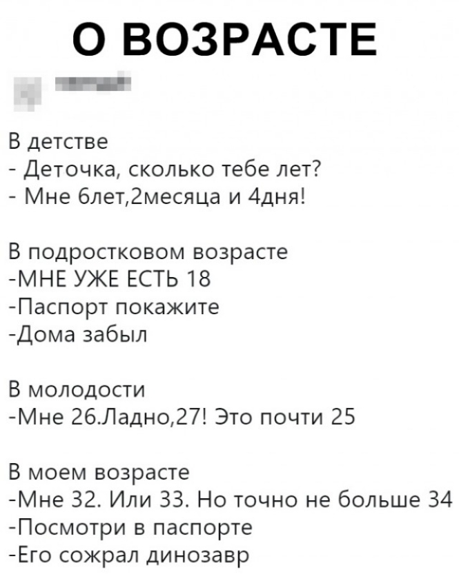 О ВОЗРАСТЕ Р Ь В детстве Деточка сколько тебе лет Мне 6лет2месяца и 4дня В подростковом возрасте МНЕ УЖЕ ЕСТЬ 18 Паспорт покажите Дома забыл В молодости Мне 26Ладно27 Это почти 25 В моем возрасте Мне 32 Или 33 Но точно не больше 34 Посмотри в паспорте Его сожрал динозавр