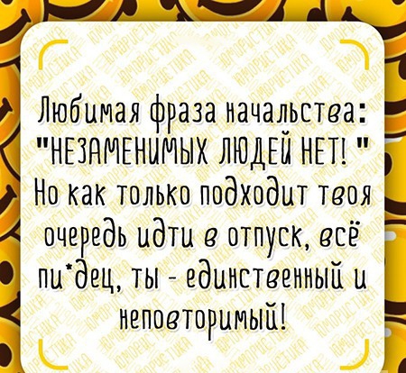 Г 3 Любимая фраза начальства НЕЗНМЕННМЫХ ЛЮДЕЙ НЕТ Но как только подходит твоя очередь идти в отпуск есе пидец ты единственный и неповторимый к