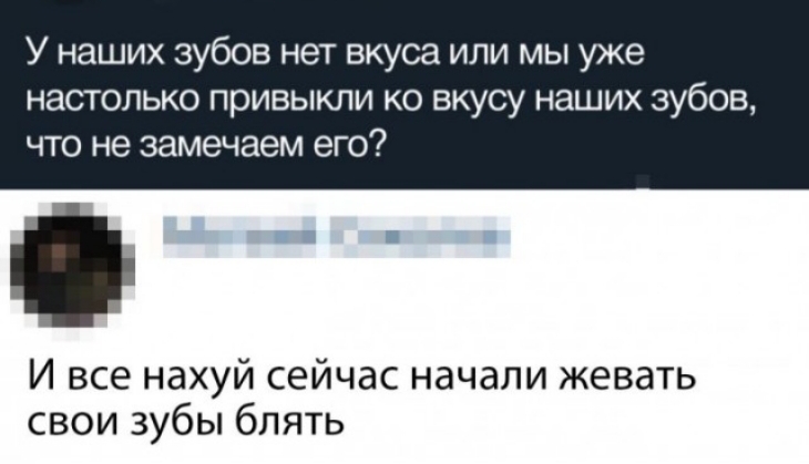 У наших зубов нет вкуса или мы уже НЗСТОЛЬКО привыкли КО ВКУСУ НЭШИХ зубов ЧТО не замечаем его И все нахуй сейчас начали жевать свои зубы блять