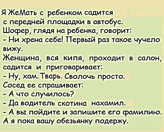 Я ЖеМать с ребенком садится передней площадки в автобус Шосрер глядя на ребенка говорит Ни хрена себе Первый раз такое чучело вижу Женщина вся кипя проходит в салон садится и приговаривает Ну хам Тварь Сволочь просто Сосед ее спрашивает А что случилось Да водитель скотина нахамил А вы пойдите и запишите его фамилию А я пока вашу обезьянку подержу
