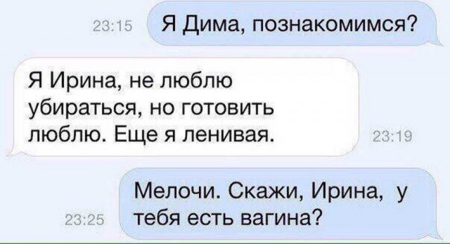 Я Дима познакомимся Я Ирина не люблю убираться но готовить люблю Еще я ленивая Мелочи Скажи Ирина у тебя есть вагина