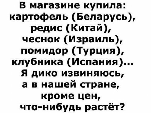 В магазине купила картофель Беларусь редис Китай чеснок Израиль помидор Турция клубника Испания я дико извиняюсь а в нашей стране кроме цен что нибудь растёт