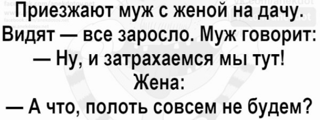 Приезжают муж с женой на дачу Видят все заросло Муж говорит Ну и затрахаемся мы тут Жена А что полоть совсем не будем