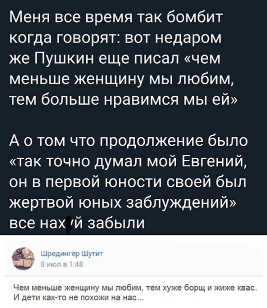 Меня все время так бомбит когда говорят вот недаром же Пушкин еще писал чем меньше женщину мы любим тем больше нравимся мы ей А о том что продолжение было так точно думал мой Евгений он в первой юности своей был жертвой юных заблуждений все нах й забыли Чет мен и де