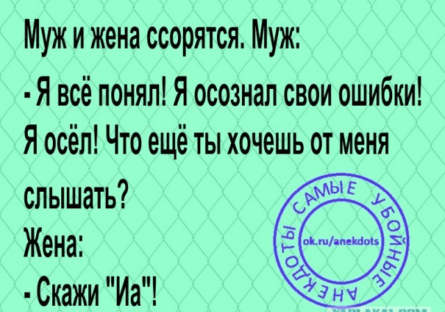Мужи жена ссорятся Муж Я всё понял Я осознал свои ошибки Я осёл Что ещё ты хочешь от меня слышать Жена Скажи Иа