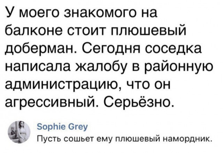 У моего знакомого на балконе стоит плюшевый доберман Сегодня соседка написала жалобу в районную администрацию что он агрессивный Серьёзно Эорпіе Огеу Пусть сошьет ему плюшевый намордник