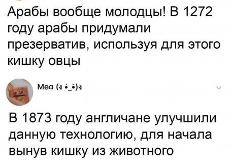 Арабы вообще молодцы В 1272 году арабы придумали презерватив используя для этого кишку овцы Меа е_ В 1873 году англичане улучшили данную технологию для начала вынув кишку из животного