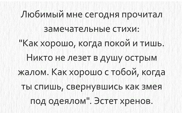 Любимый мне сегодня прочитал замечательные стихи Как хорошо когда покой и тишь Никто не лезет в душу острым жалом Как хорошо с тобой когда ты спишь свернувшись как змея под одеялом Эстет хренов
