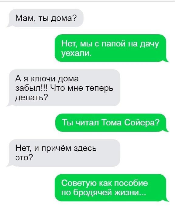 Мам ты дома Нет мы с папой на дачу уехали А я ключи дома забыл Что мне теперь делать Ты читал ма Сойер Нет и причём здесь это Советую как пособие по бродячей жизни