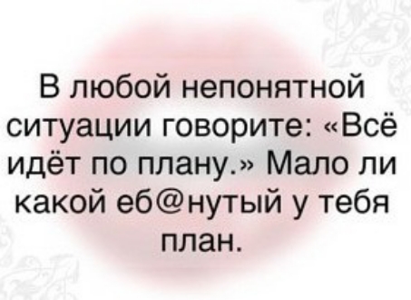 В любой непонятной ситуации говорите Всё идёт по плану Мало ли какой ебнутый у тебя план