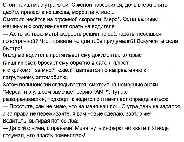 Стоит гаишник с утра злой С женой поссорился дочь вчера опять двойку принесла из школы мороз на улице Смотрит несется на огромной скорости Мерс Останавливает машину и с ходу начинает орать на водителя Ах ты ж твою мать скорость решил не соблюдать несёшься по встречной Что правила не для тебя придумали документы сюда быстро бледный водитель протягивает ему документы которые гаишник рвёт бросает ему