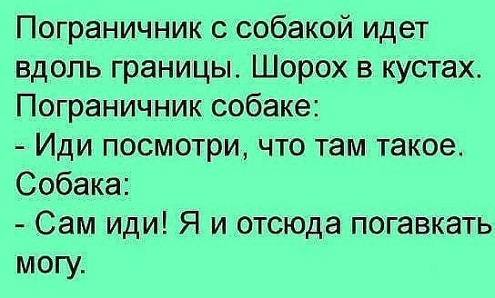 Пограничник с собакой идет вдоль границы Шорох в кустах Пограничник собаке Иди посмотри что там такое Собака Сам иди Я и отсюда погавкать могу