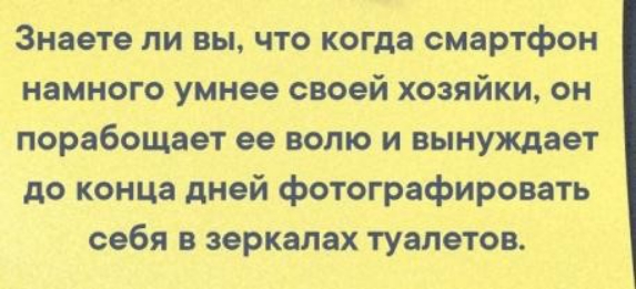 Знаете ли вы что когда смартфон намного умнее своей хозяйки он порабощает ее волю и вынуждает до конца дней фотографировать себя в зеркалах туалетов