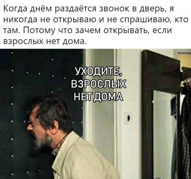 Когда днём раздаётся звонок в дверь я никогда не открываю и не спрашиваю кто там Потому что зачем открывать если взрослых нет дома