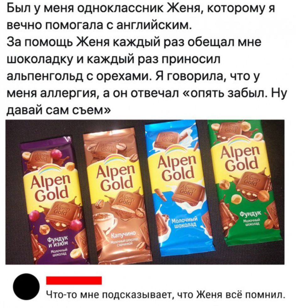 Был у меня одноклассник Женя которому я вечно помогала с английским За помощь Женя каждый раз обещал мне шоколадку и каждый раз приносил альпенгопьд с орехами Я говорила что у меня аллергия а он отвечал опять забыл Ну давай сам съем Что то мне подсказывает что Женя всё помнил