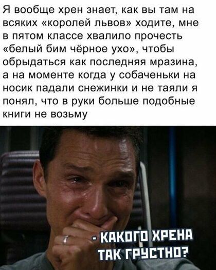Я вообще хрен знает как вы там на всяких королей львов ходите мне В ПЯТОМ классе ХВЗПИПО прочесть белый бим чёрное ухо чтобы обрыдаться КаК ПОСЛЕДНЯЯ мразина а на МОМЕНТЭ КОГДЭ У собаченьки на носик падали снежинки и не таяпи Я понял что в руки больше подобные книги не возьму кдкпг_п хпвнд тик гпнстнпэ