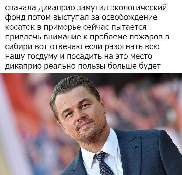 сначала дикаприо замутил экологический фонд потом выступал за освобождение косаток в приморье сейчас пытается привлечь внимание к проблеме пожаров в сибири вот отвечаю если разогнать всю нашу госдуму и посадить на это место дикаприо реально пользы больше будет