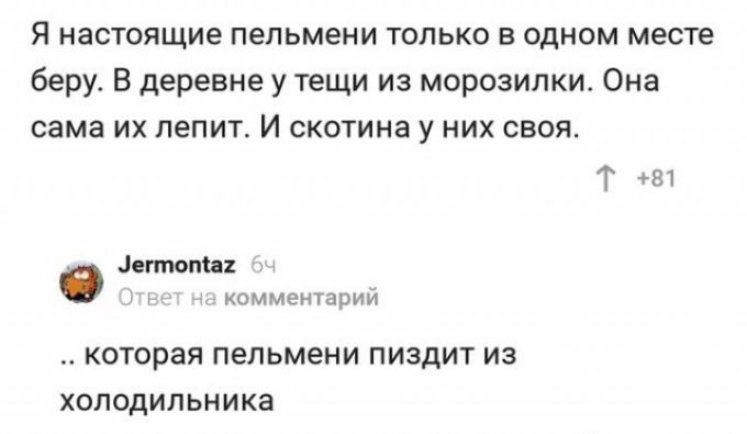 Я настоящие пельмени только в одном месте беру В деревне у тещи из морозилки Она сама их лепит И скотина у них своя Т 81 детям комментарий КОТОРЗЯ пельмени ПИЗдИТ из холодильника