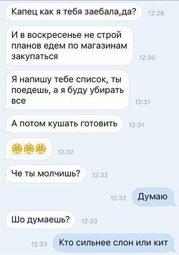 Капец как я тебя заебалада И в воскресенье не строй планов едем по магазинам закупаться Я напишу тебе список ты поедешь а я буду убирать все А потом кушать готовить 000 Че ты молчишь думаю Шо думаешь Кто сильнее слон или кит