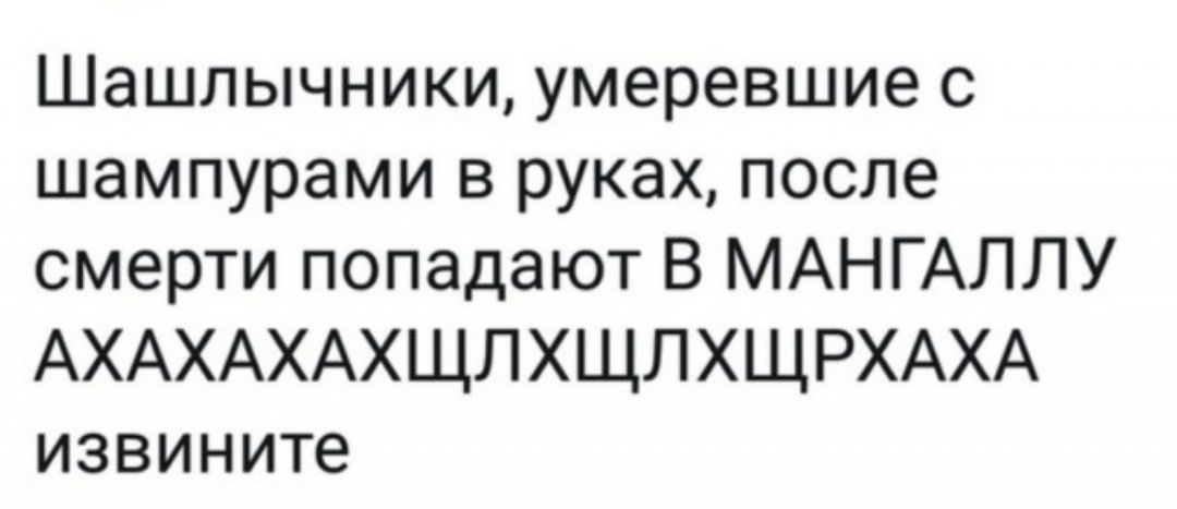 Шашлычники умеревшие с шампурами в руках после смерти попадают В МАНГАЛЛУ АХАХАХАХЩЛ ХЩЛ ХЩРХАХА извините