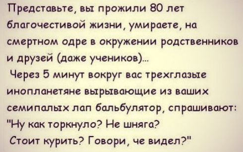 Представьте вы прожили 80 лет благочестивой жизни умирает на смертном одре в окружении родственников и друзей даже учеников Через 5 минут вокруг вас трехглпзые инопланетяне вырывпющие из ваших семипдлых лап бальбулятор спрашивают Ну как торкнуло Не шняга Стоит курить Говори че видел