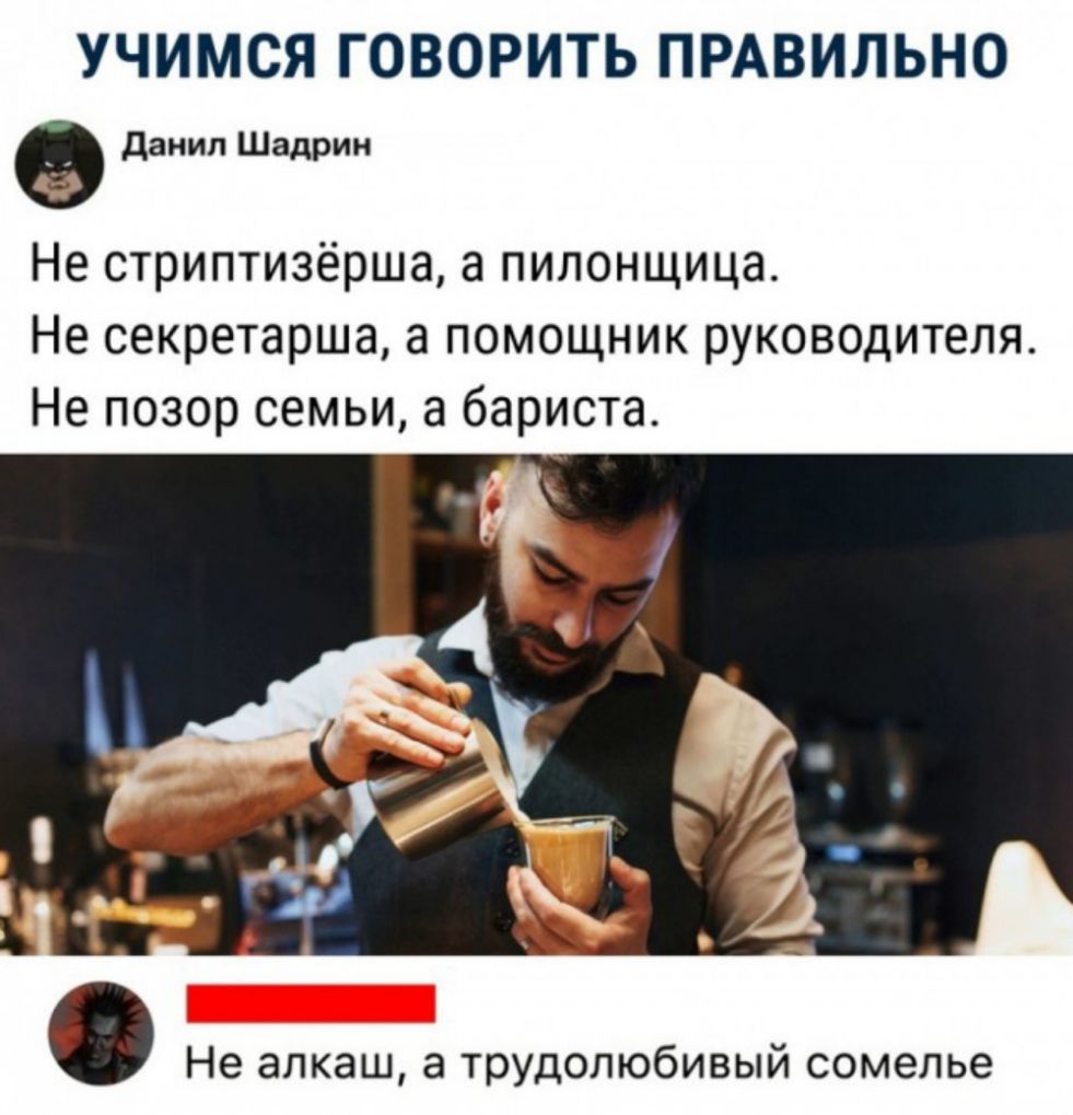 УЧИМСЯ ГОВОРИТЬ ПРАВИЛЬНО данип Шадрин Не стриптизёрша а пилонщица Не секретарша а помощник руководителя Не позор семьи а бариста Не алкаш а трудолюбивый сомелье