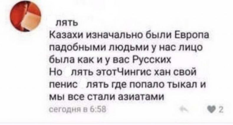 лять Казахи изначально были Европа подобными людьми у нас лицо было как и у вас Русских Но пять этотЧингис хан свой пенис лять где попало тыкал и мы все стали азиатами столиц и ЗН